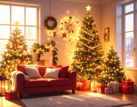 Cozy holiday living room with decorated Christmas trees and gifts galore Generative AI