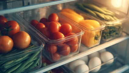 Fresh vegetables and eggs organized in clear containers inside refrigerator, promoting healthy eating and organized lifestyle.