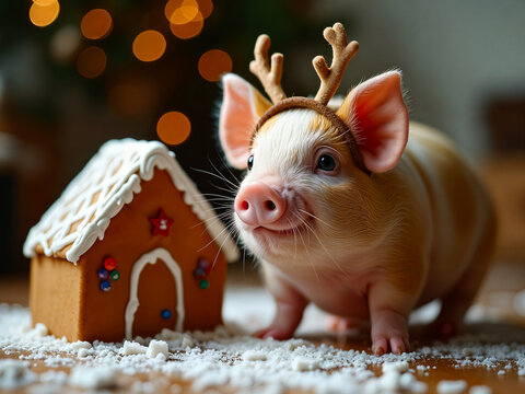 Adorable pet piglet wearing reindeer antlers, posing next to a decorated gingerbread house during the Christmas holidays with warm golden bokeh background.
