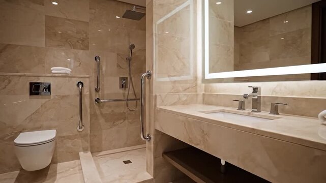 Modern luxury accessible bathroom interior with contemporary fixtures and beige marble walls