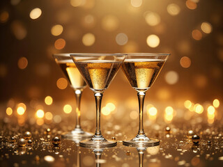 Champagne glasses with bubbles and golden bokeh background. Luxurious festive atmosphere perfect for New Year's Eve and celebration