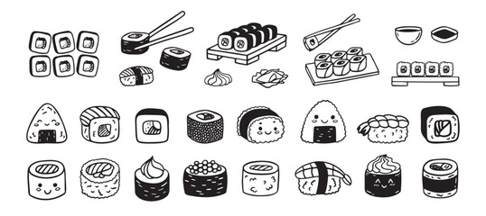 Sushi funny doodle set. Japanese hand drawn Food Sketch Icons. Kawaii drawing