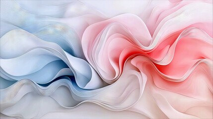 Abstract flowing waves of pastel pink and blue fabric with delicate textures and soft lighting, creating a sense of movement and elegance.
