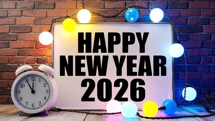 Happy new year 2026 sign with clock and colorful lights on brick wall background, concept for celebrating the new year, festive season, and holiday greetings