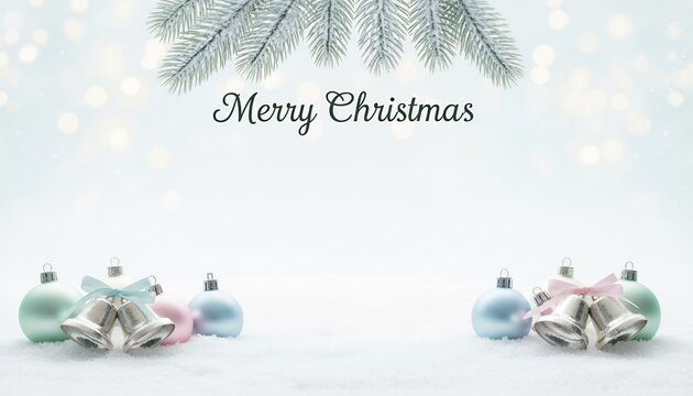 Christmas background with frosted pine branches, sparkling bells, and pastel baubles on a snowy surface, ideal for holiday greetings and celebrations