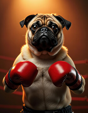 Cute but fierce, Pug dog boxer wearing red gloves standing in the ring, ready for the fight under dramatic, warm lighting.