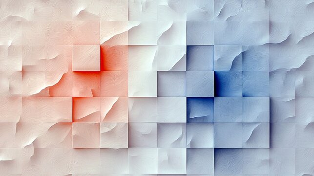 A textured, geometric abstract background transitions from warm red tones on the left to cool blue tones on the right, composed of square shapes.