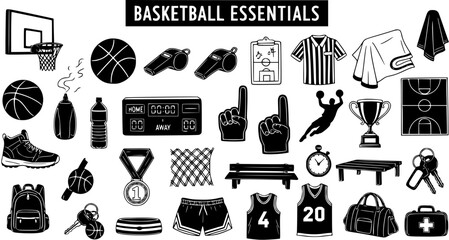 Hand-Drawn Basketball Essentials Icon Set. Black and white vector illustration of sports equipment, gear, and items for players and games. © abenail