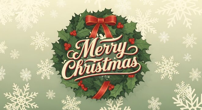 Festive Merry Christmas greeting on a classic holiday wreath, adorned with red berries and a bow, against a soft snowy background, perfect for seasonal celebrations