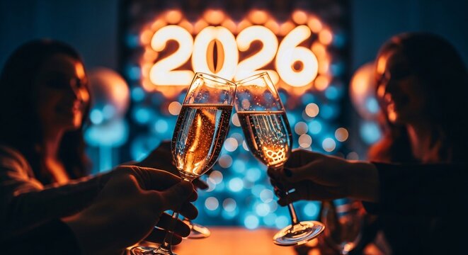 2026 New Year Toast Celebration Cheers Champagne Glasses Party Night - Powered by Adobe