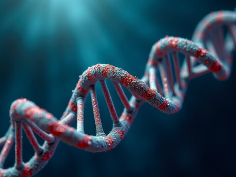 Detailed 3D DNA helix structure showing red mutations. Concept of biotechnology, gene therapy, genetic disorders, or viral attack in molecular medicine research.