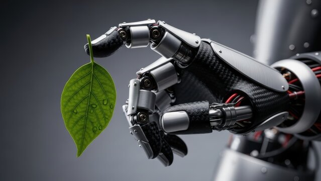 A futuristic robotic hand made of carbon fiber gently holding a single green leaf.