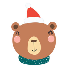 Bear in a Santa Claus hat isolated on transparent. Hand drawn flat vector illustration. Cute cartoon character. Traditional Christmas, New Year design element, clip art