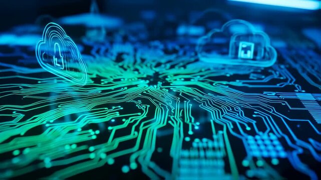 Secure cloud computing network concept with glowing lock, shield, circuit board technology