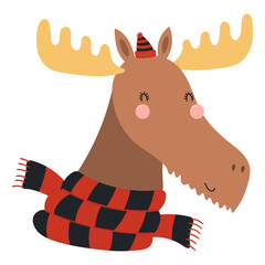 Moose in a knitted hat, scarf isolated on transparent. Hand drawn flat vector illustration. Cute cartoon character. Traditional Christmas, New Year design element, clip art