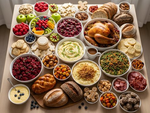 Mesa cuadrada con variedad de comidas navideñas caseras frutas, galletas, panes y platos calientes, estilo fotográfico limpio