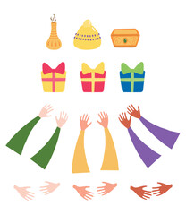 Three kings hands, gifts, frankincense, myrrh, gold isolated on transparent background. Hand drawn flat vector illustration. Epiphany, Three Kings Day, Christmas design element, holiday clip art set