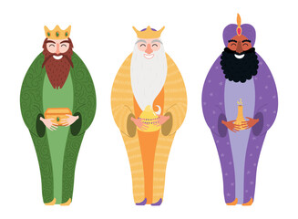 Three kings, wise men, magi with gifts, presents isolated on transparent background. Hand drawn flat vector illustration. Cartoon character. Epiphany Day, Christmas design element, clip art set