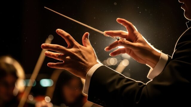 The dynamic, back-lit hands of a maestro conducting a symphony orchestra.