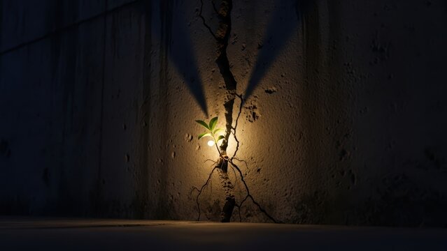 A single, resilient green plant growing from a crack in a concrete wall, illuminated by a single light.