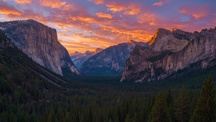 Majestic Yosemite National Park with towering granite cliffs, pine forests and pristine wilderness, capturing the iconic beauty of California’s natural landscape.