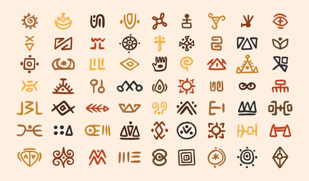 African tribal symbols Abstract geometric shapes doodle decoration set. Ethnic boho elements collection. Colorful mayan hand drawn design. 