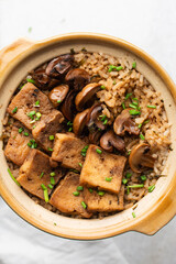 Overhead view vegan claypot rice with pan fried tofu, mushrooms and scallions, top view of crispy rice in a donabe on a marble countertop