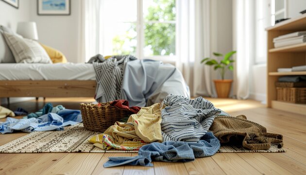 洗濯物と雑貨が散乱した生活感あふれる部屋