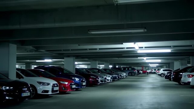 Underground parking garage with parked vehicles illuminated by fluorescent lights representing