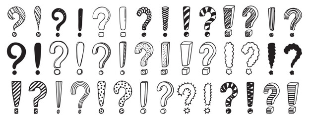 Doodle exclamation mark and question marks set. Hand drawn drawing punctuation symbols, creative ink stroke question exclamation mark icon set.