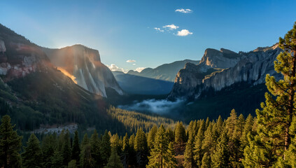 Majestic Yosemite National Park with towering granite cliffs, pine forests and pristine wilderness, capturing the iconic beauty of California’s natural landscape.