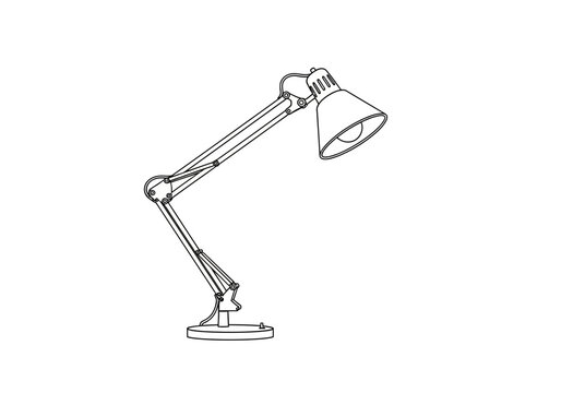 Black and white line drawing of an adjustable architectstyle desk lamp