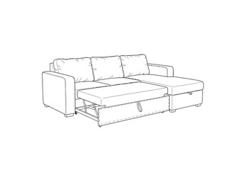 Line drawing of a sectional sofa with an extended pullout bed mechanism