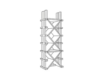 Line drawing of a tall wooden scaffolding or tower structure with cross bracing