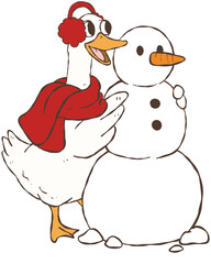 A cute and funny illustration of a cheerful goose hugging a happy snowman, featuring warm winter earmuffs and a festive scarf.