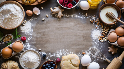 Baking ingredients arranged in festive wreath formation with flour, eggs, berries, spices and utensils surrounding empty wooden center space. Background for delicious food