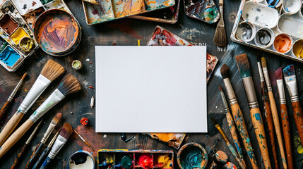 Artist workspace flatlay with paintbrushes palette and art supplies surrounding blank white canvas mockup template for creative painting background copyspace