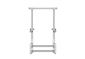 Outline drawing of an adjustable garment rack with two lower storage shelves
