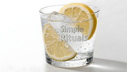 Lemon slices floating in a clear glass of refreshing water with simple rituals text