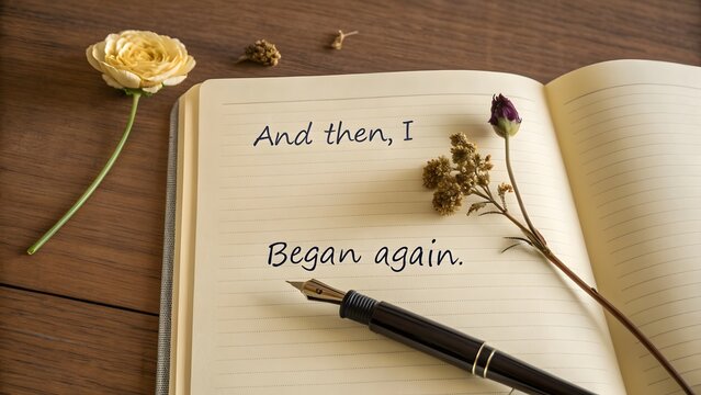 Journal with fountain pen and inspiring and the i began again words