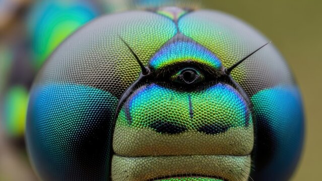 An extreme close-up, macro photo of the iridescent, compound eyes of a dragonfly. - Powered by Adobe