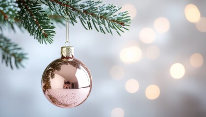 Elegant rose gold Christmas ornament hanging on snow dusted evergreen branch with bokeh lights, perfect for holiday greetings and festive designs