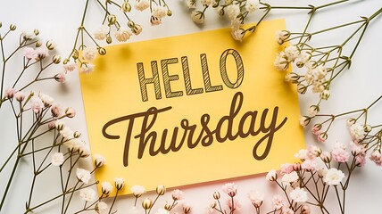A cheerful yellow card with hello thursday written on it, surrounded by delicate babys breath flowers, creating a warm and inviting atmosphere isolated on white background