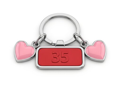Shiny metal keychain featuring a red numerical tag inscribed with the number thirty five flanked by two pink heart charms