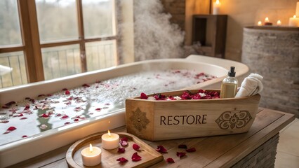 Relaxing bath for restore with rose petals and lit candles