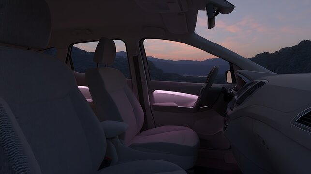 Experience the open road in style, with stunning interior car lighting and breathtaking mountain views at sunset, perfect for automotive ads and modern travel blogs