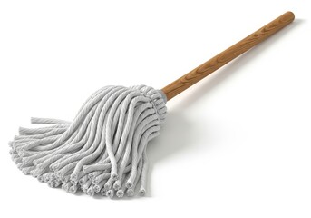 Household cleaning implement featuring a thick rope head and a wooden handle rests on a white surface