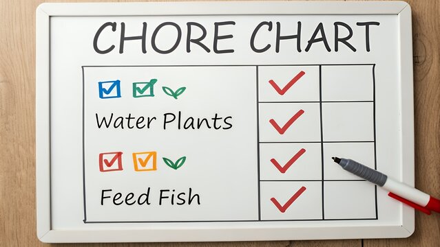 Chore chart on whiteboard with completed tasks and checkboxes