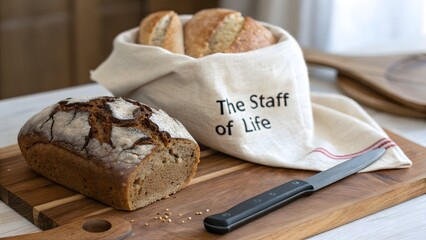 Rustic loaf of whole grain bread with a linen bag and knife also the staff of life word on linen bag