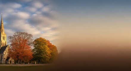 Historic church beside colorful autumn trees under soft sky, peaceful rural landscape with copy space, symbolizing faith, heritage, and seasonal travel destination